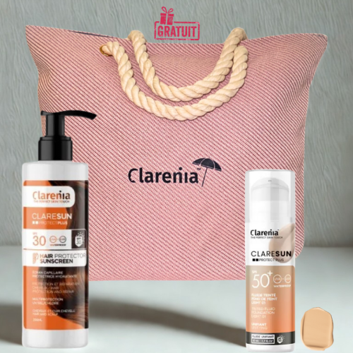 CLARENIA FOND DE TEINT 01 LIGHT SPF50+50ML+PROTECT PLUS CAPILLAIRE SPF30 200ML+SAC DE PLAGE ROSSE (OFFERT)