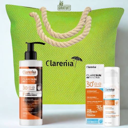 CLARENIA CLARESUN HYDRATANT INVISIBLE SPF50+ 50ML+PROTECT PLUS CAPILLAIRE SPF30 200ML+SAC DE PLAGE VERT PISTACHE (OFFERT)