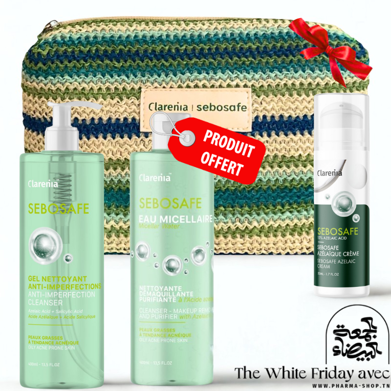 CLARENIA SEBOSAFE GEL NETTOYANT+CREME ACIDE AZELAIQUE+EAU MICELLAIRE 400ML (OFFERT)+TROUSSE (OFFERT)  PHARMASHOP