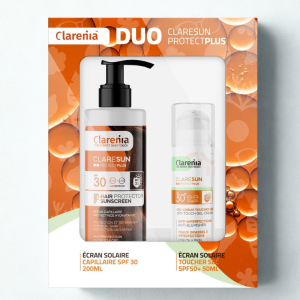 COFFRET SOLAIRE CLARENIA DUO ÉCRAN TOUCHER SEC SPF50+ ET ÉCRAN CAPILAIRE (-40%) PHARMASHOP