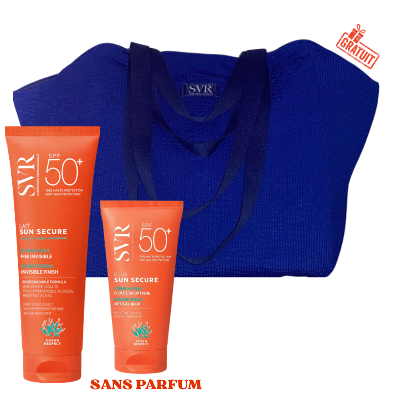 SVR SUN SECURE LAIT HYDRATANT INVISIBLE SPF50+ 250ML+SUN SECURE BLUR SANS PARFUM SPF50+ 50ML+SAC DE PLAGE EN BLEU (OFFERT)
