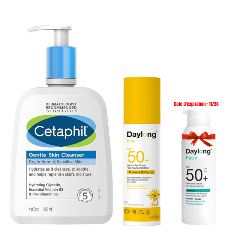 CETAPHIL LOTION NETTOYANTE 500ML+KIDS LAIT SOLAIRE SPF50+ 150ML+ FACE SENSITIVE FLUIDE REGULATEUR SPF50+ 50ML (OFFERT)