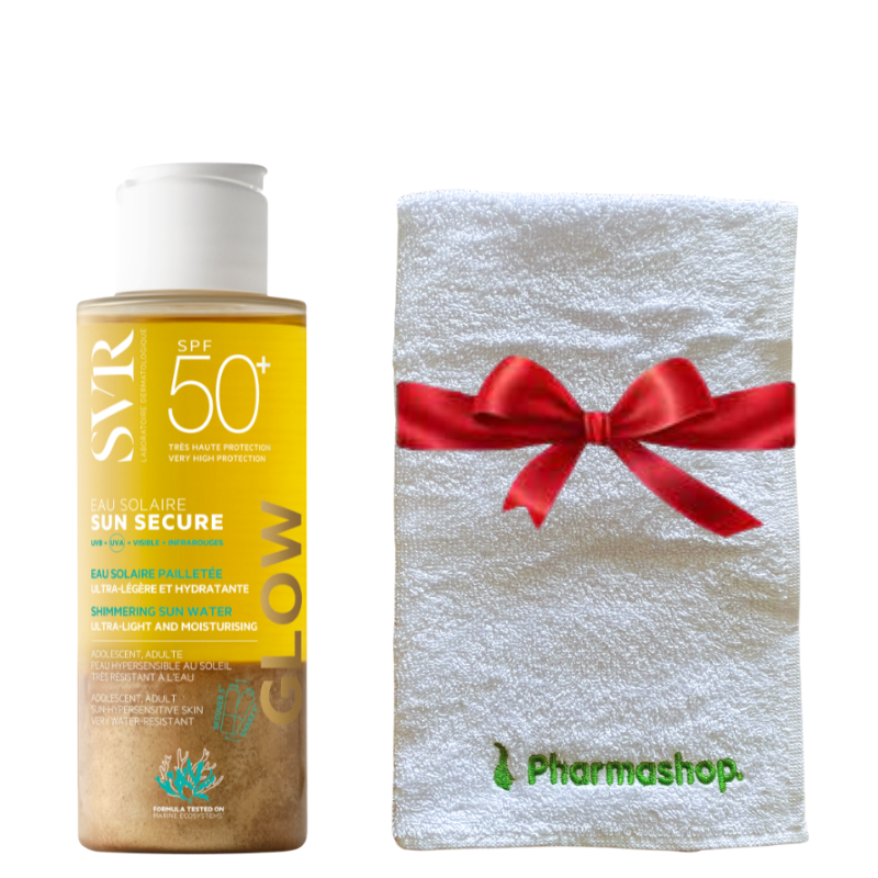 SVR SUN SECURE EAU SOLAIRE GLOW SPF50+ 100ML+PHARMASHOP SERVIETTE DE VISAGE (OFFERT) pharmashop