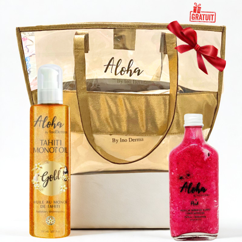 INODERMA ALOHA HUILE DE MONOI DE TAHITI PAILLETEE GOLD SPRAY 150ML+HUILE AU MONOI PINK 100ML+SAC DE PLAGE (OFFERT) PHARMASHOP