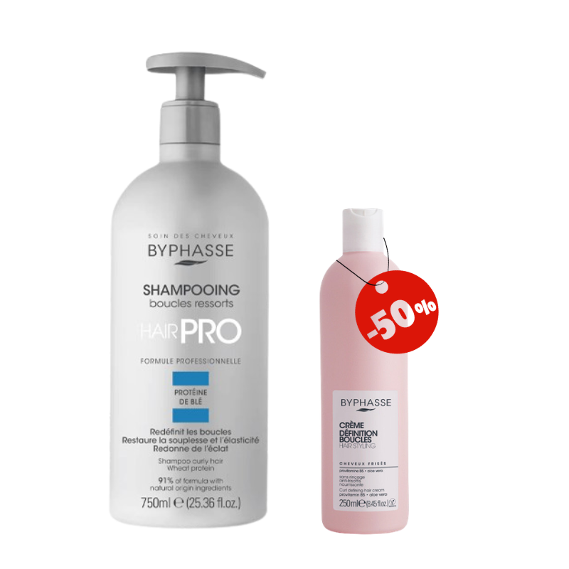 BYPHASSE SHAMPOOING BOUCLES RESSORTS PROTEINE DE BLE 750ML +CREME DEFINITION BOUCLES CHEVEUX FRISES 250ML (-50%) PHARMASHOP
