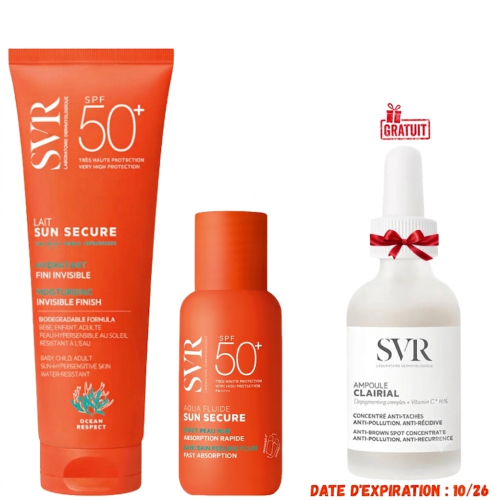 SVR SUN SECURE LAIT HYDRATANT INVISIBLE SPF50+ 250ML+AQUA FLUIDE SPF 50+ 50ML+CLAIRIAL AMPOULE 30ML (OFFERT)