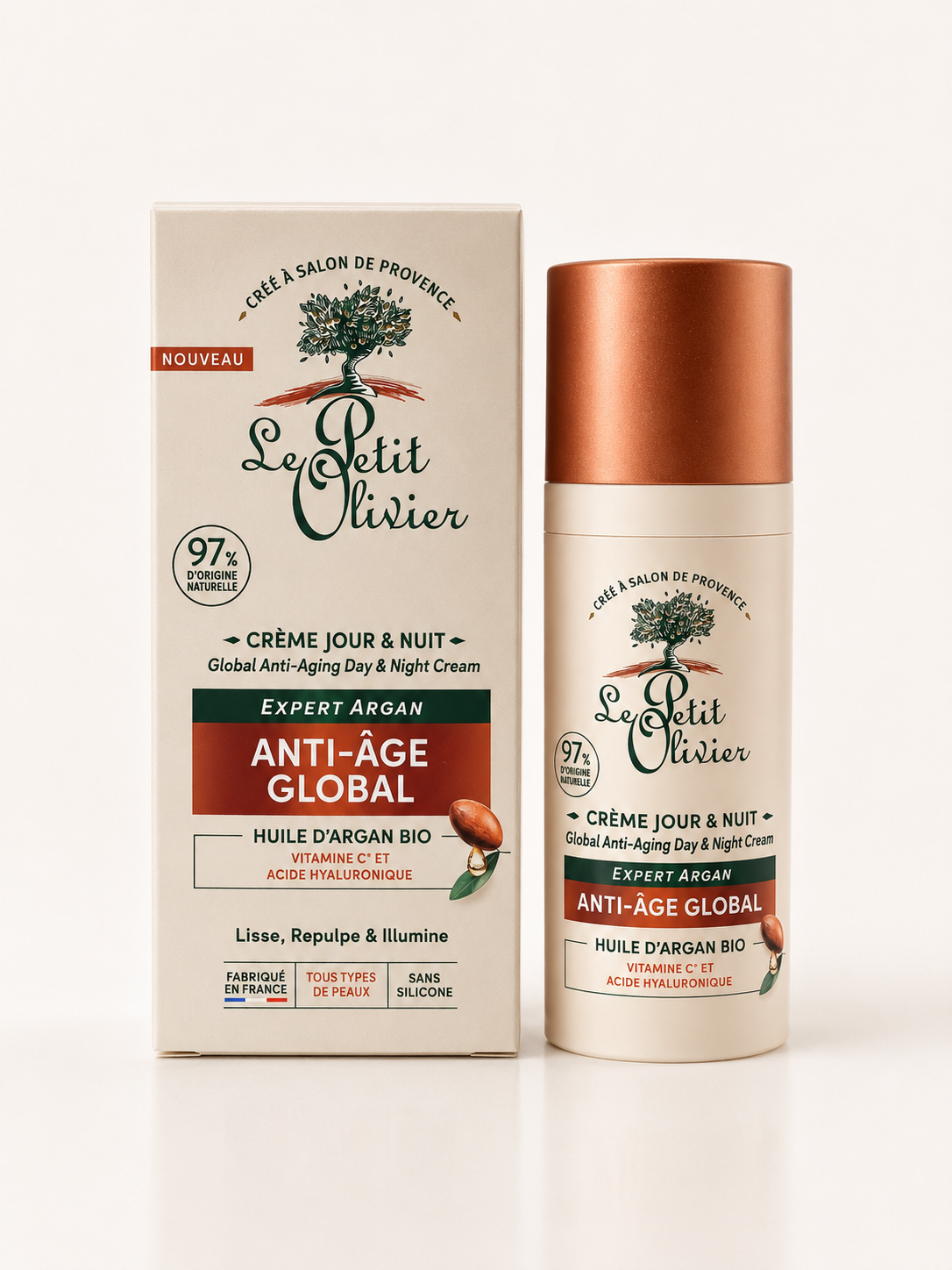 LE PETIT OLIVIER CREME JOUR & NUIT ANTI AGE HUILE D’ARGAN VITAMINE C & ACIDE HYALURONIQUE 50ML