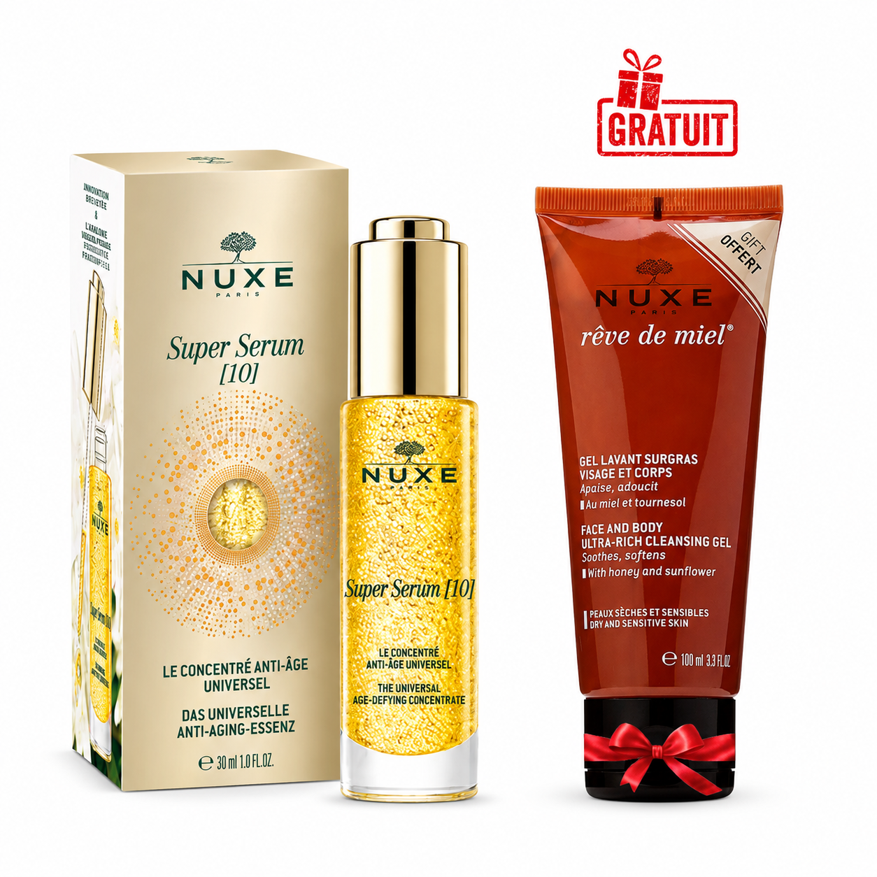 NUXE SUPER SERUM [10] 30ML +REVE DE MIEL GEL LAVANT SURGRAS VISAGE ET CORPS 100ML (OFFERT) PHARMASHOP