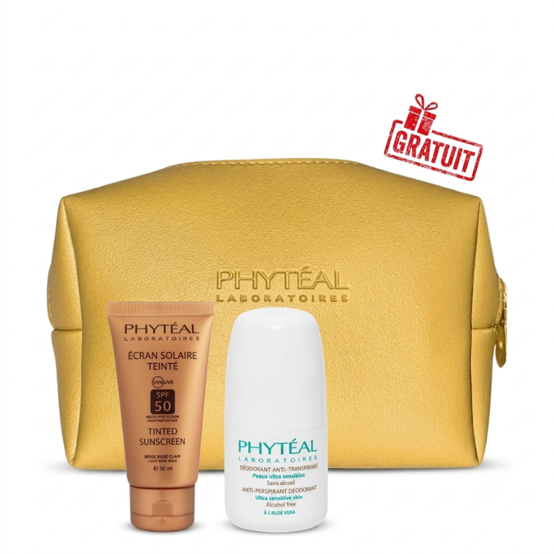 PHYTEAL ECRAN TEINTE BEIGE ROSE SPF50 50ML + DEODORANT ANTI TRANSPIRANT 50ML+TROUSSE DOREE (OFFERT) PHARMASHOP