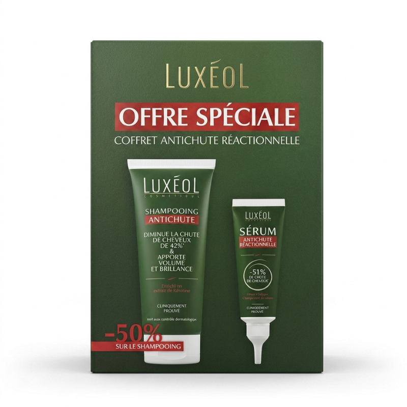 LUXEOL COFFRET ANTI CHUTE REACTIONNELLE : SHAMPOING ANTI CHUTE 200ML (-50%)+ SERUM ANTI CHUTE REACTIONNELLE 50ML PHARMASHOP