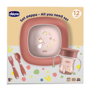 CHICCO COFFRET REPAS BEBE ASSIETTE BOL TASSE CUILLERE FOURCHETTE ROSE 12M PHARMASHOP