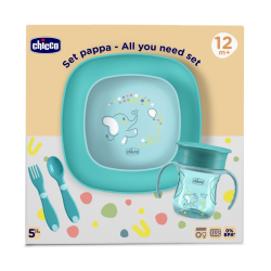 CHICCO COFFRET REPAS BEBE ASSIETTE BOL TASSE CUILLERE FOURCHETTE BLEU 12M PHARMASHOP