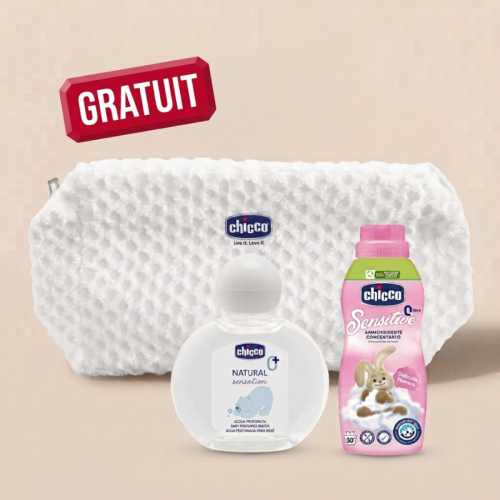 CHICCO NATURAL SENSATION EAU PARFUMEE DOUCE 100 ML+SENSITIVE ASSOUPLISSANT CONCENTRE 0M+ 750ML+TROUSSE BLANC (OFFERT)