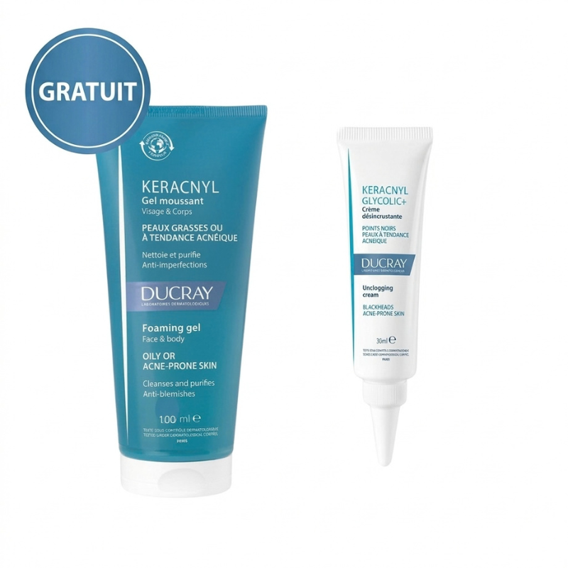 DUCRAY KERACNYL GLYCOLIC+ CREME DESINCRUSTANTE 30ML+GEL MOUSSANT VISAGE ET CORPS 100ML OFFERT PHARMASHOP