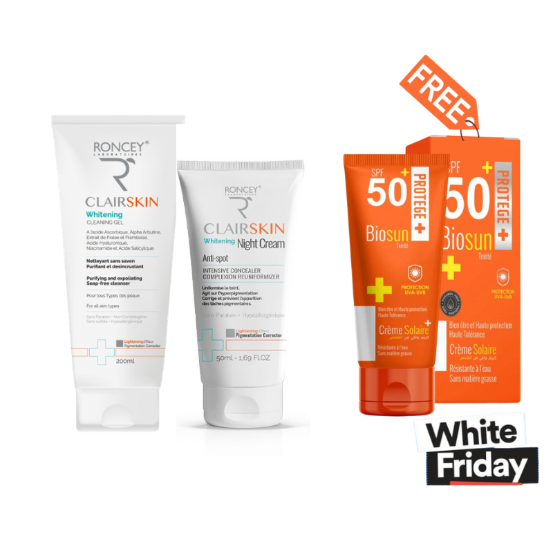 RONCEY CLAIRSKIN CREME DE NUIT ECLAIRCISSANTE 50ML+GEL NETTOYANT ECLAIRCISSANT 200ML+ BIOSUN ECRAN 50ML TEINTE (OFFERT)
