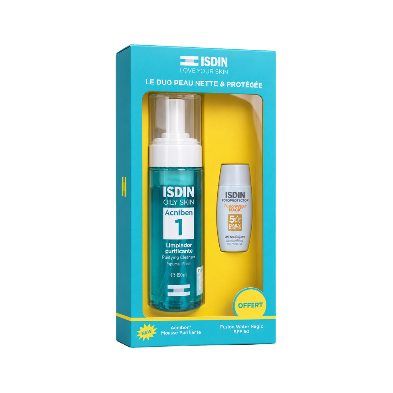 ISDIN COFFRET ACNIBEN MOUSSE PURIFIANTE 150 ML + FUSION WATER MAGIC GRATUIT PHARMASHOP